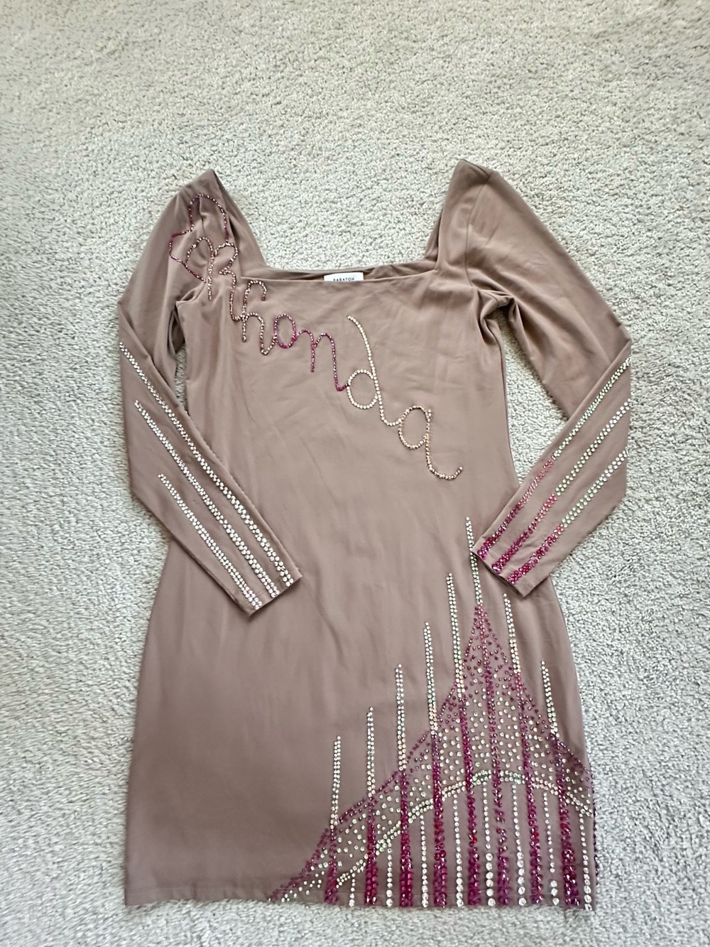 Babaton Long-Sleeve Beaded Square-Neck Dress in Mauve size XL stretchy